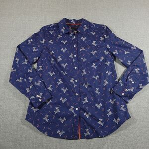 Talbots Shirt Womens Small Button Up Candy Canes Scottie Dog Blue